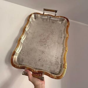 Op de afbeelding: Een zilverkleurige rechthoekige serveerschaal met goudkleurige randen en houten handvatten. De schaal heeft een decoratieve rand en een rechthoekige vorm. De handvatten zijn van hout en metaal. De schaal wordt door een persoon vastgehouden.