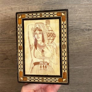 Vintage Hand Crafted Middle Eastern Marquetry Small Jewellery Box with Red Velvet Inner | Inlaid Mother of Pearl Lady Motif Hinged Storage