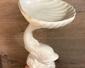 Vintage minimalistische witte keramische oosterse dolfijnvis zeeschelp aquatische zeepschaal | Hoge decoratieve Candy & Bon Bon-schaal | Luxe badkamerkunst