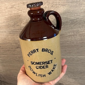 Vintage Hand Made Pearsons of Chesterfield Duo Tone Glazed Stoneware Perry Bros Somerset Cider Dowlish Bottle | Derbyshire Stoneware Barware