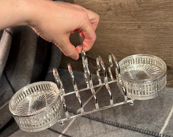 Vintage Toast Rack with Twin Round Pressed Glass Preserve Dishes | Removable Tray Butter & Jam Marmalade Silver Plate Retro Toast Rack Stand