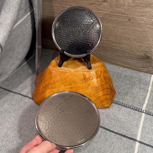 Vintage Olde Hall Stainless Steel Made in England 4 Rubber Feet Hammered Round Trivets | Retro Candle Jar & Planter Stands | MCM English Set