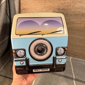 Preloved 2015 Waitrose WA1 TR05E Peace & Love Mini Jaffa Cakes Front of the VW Volkswagen Camper Van Empty Tin | Hippy and Boho Home Decor