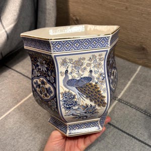 Vintage Blue and Gold Peacock Bird Floral Panda Hexagon Planter | Japanese Indoor Plant Essentials | Oriental Home Decor Gilded Collectibles