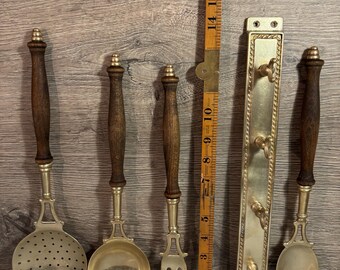 ヴィンテージ真鍮＆木製ハンドル壁掛けレールバー用品4点セット