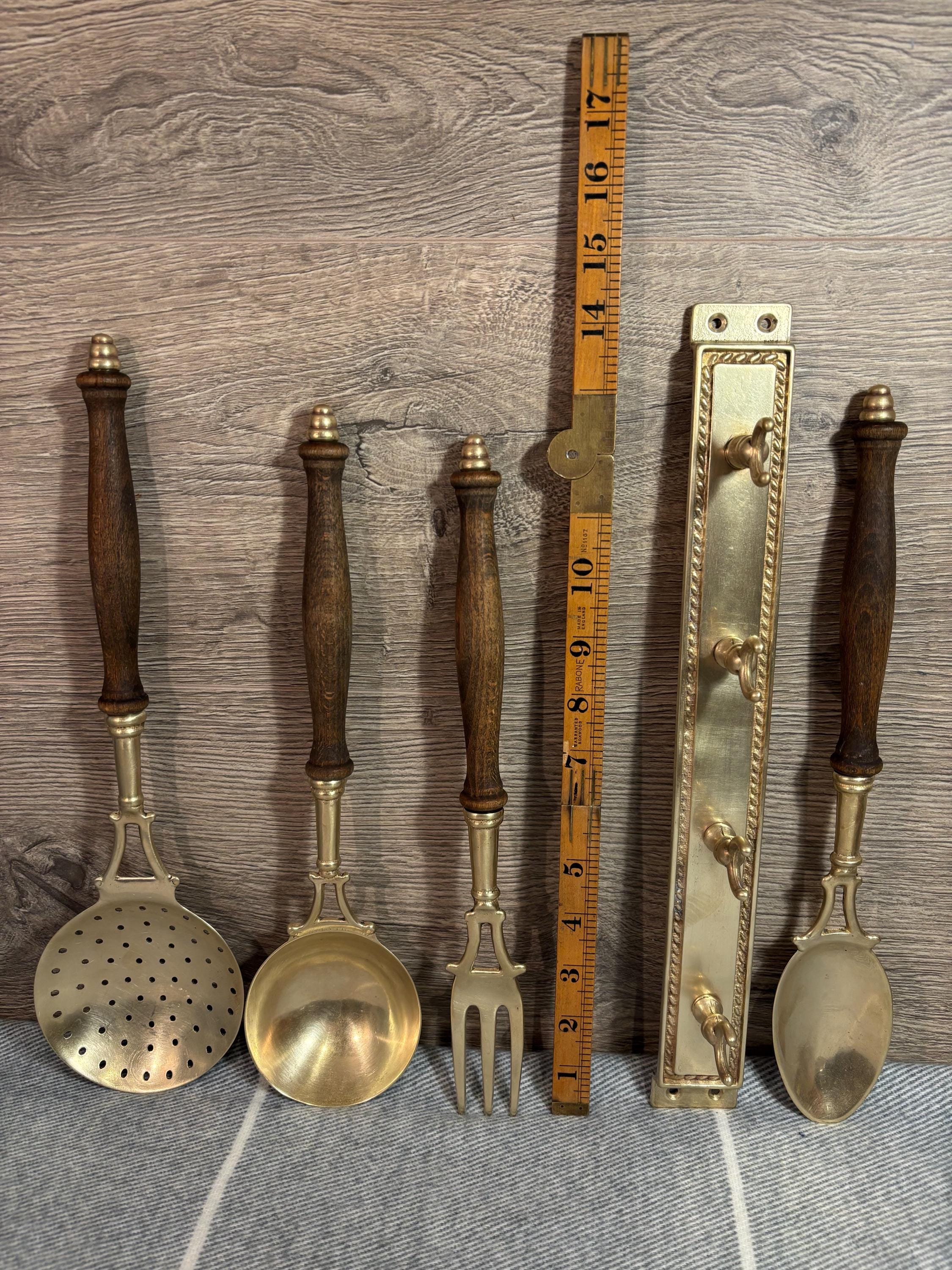 ヴィンテージ真鍮＆木製ハンドル壁掛けレールバー用品4点セット