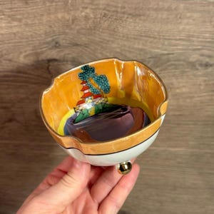 Vintage Japanese Lusterware Small Petite 3 Footed Sailing Boat & Pagoda on a Hill Decorative Bowl | Iridescence and Pearlescence Collectible