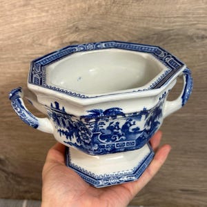 Vintage Antique Kyber Pattern W Adams & Co Octagonal Pedestal Petite Twin Ornate Handle Cobalt Blue and White Planter | English Collectibles