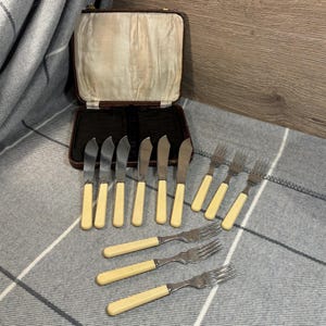 May include: A set of eight silver butter knives and four silver forks with ivory handles in a brown leather case.