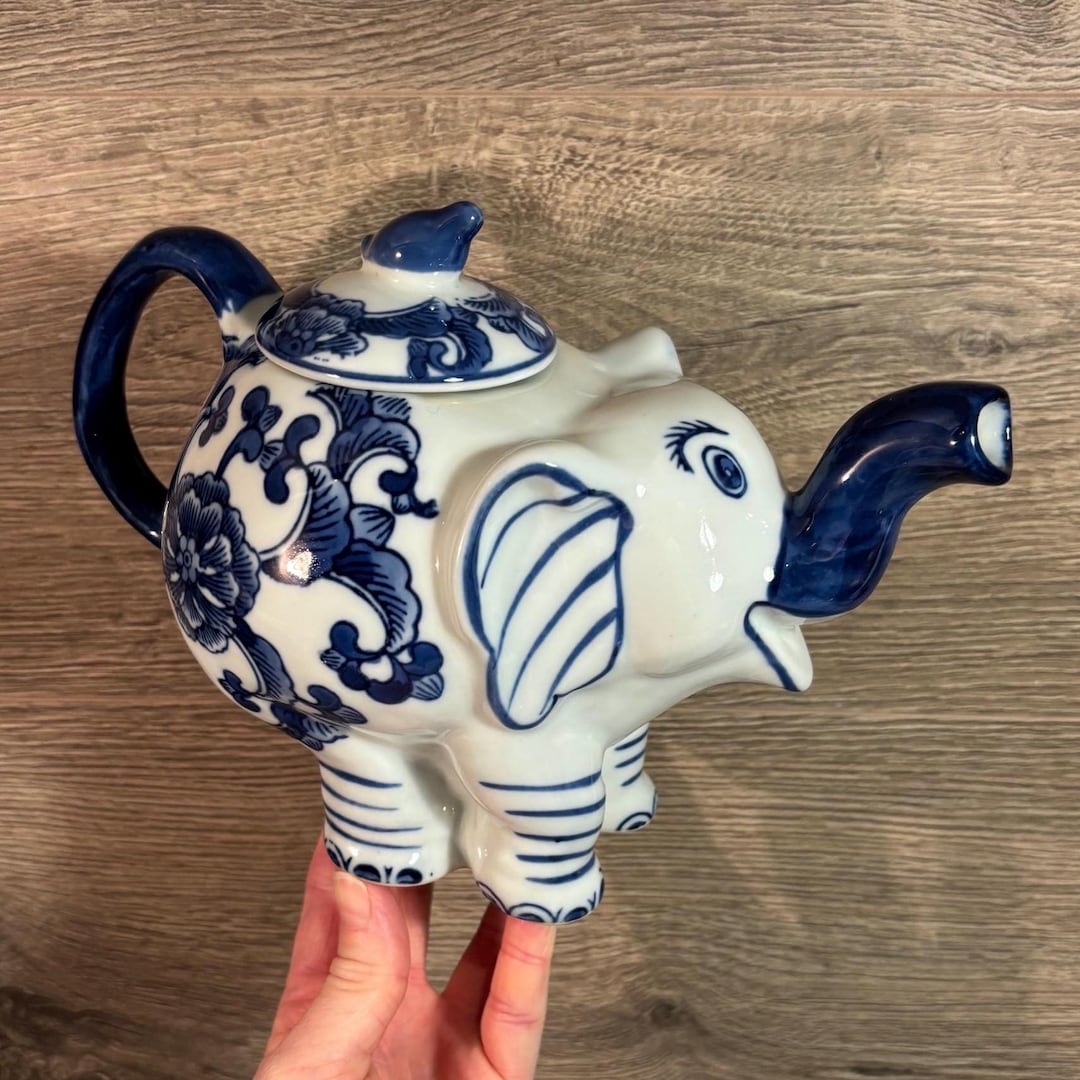 Vintage Cobalt Blue & White Happy Whimsical Fun Elephant Ceramic