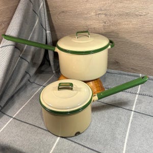 Vintage Judge Brand Enamelware Cream and Green Lidded Saucepan Duo | Mid Century Farmhouse Kitchenalia | Rustic Retro Country Kitchen Pots