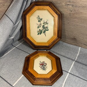 May include: Two octagonal wood frames with gold trim, each containing a botanical print of white flowers and red flowers. The frames are stacked on top of each other.