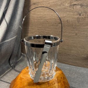 Vintage Cristal d'Arques Clear Crystal Ice Cube Bucket with Chrome Tongs | Retro French Barware  | Stylish Drinks Trolley | Classy Bar Cart