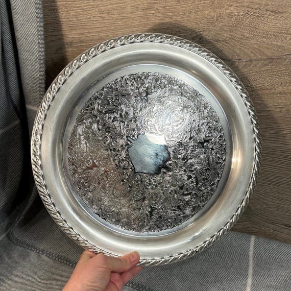 Vintage Oneida USA Silver Tone Round Tray | Decorative Ornate