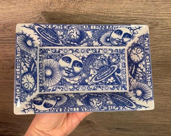 Vintage 2000 Spode Cobalt Blue and White Millennium Celebration Astro Pattern Rectangular Tray | Astronomy and Celestial Decor Collectibles