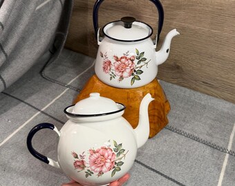 Vintage Set of 2 Pink Rose Motif White Enamel Floral Kettle & Teapot Duo Made in Poland | Retro Shabby Chic Interiors | Country Cottagecore