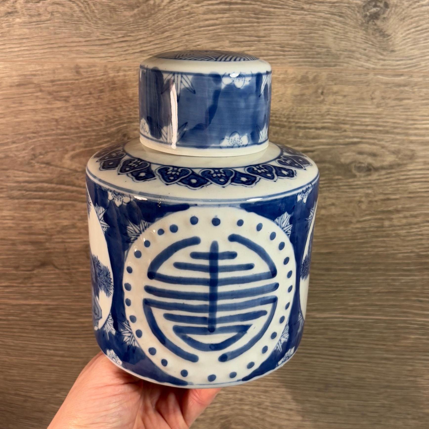 Vintage Cobalt Blue & White Round Oriental Lidded Ginger Jar | Stork, Heron and Egret Bird Collectibles | Chinese Symbolism Old Storage Pots
