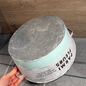 Op de afbeelding: Een ronde metalen bak met een gegalvaniseerde zilveren bovenkant en een licht mintgroene band aan de zijkant. Het witte onderste gedeelte bevat zwarte tekst met de tekst PARMI FLEURS en De beaux oiseaux volent au-dessus des arbres. Het heeft twee handvatten.