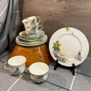 Vintage Aynsley Bluebell Time Bone China Regd No 778491 as Supplied to HM Queen Green Rim Tea Cup Set | Birch Trees, Blue Sky & Setting Sun
