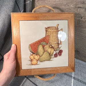 Vintage Wooden Food Cutting Board Tray with Fruit & Wooden Tankard Tile Inlay | Rustic Kitchen Wall Hanging Decor | Retro Deli Barware Decor