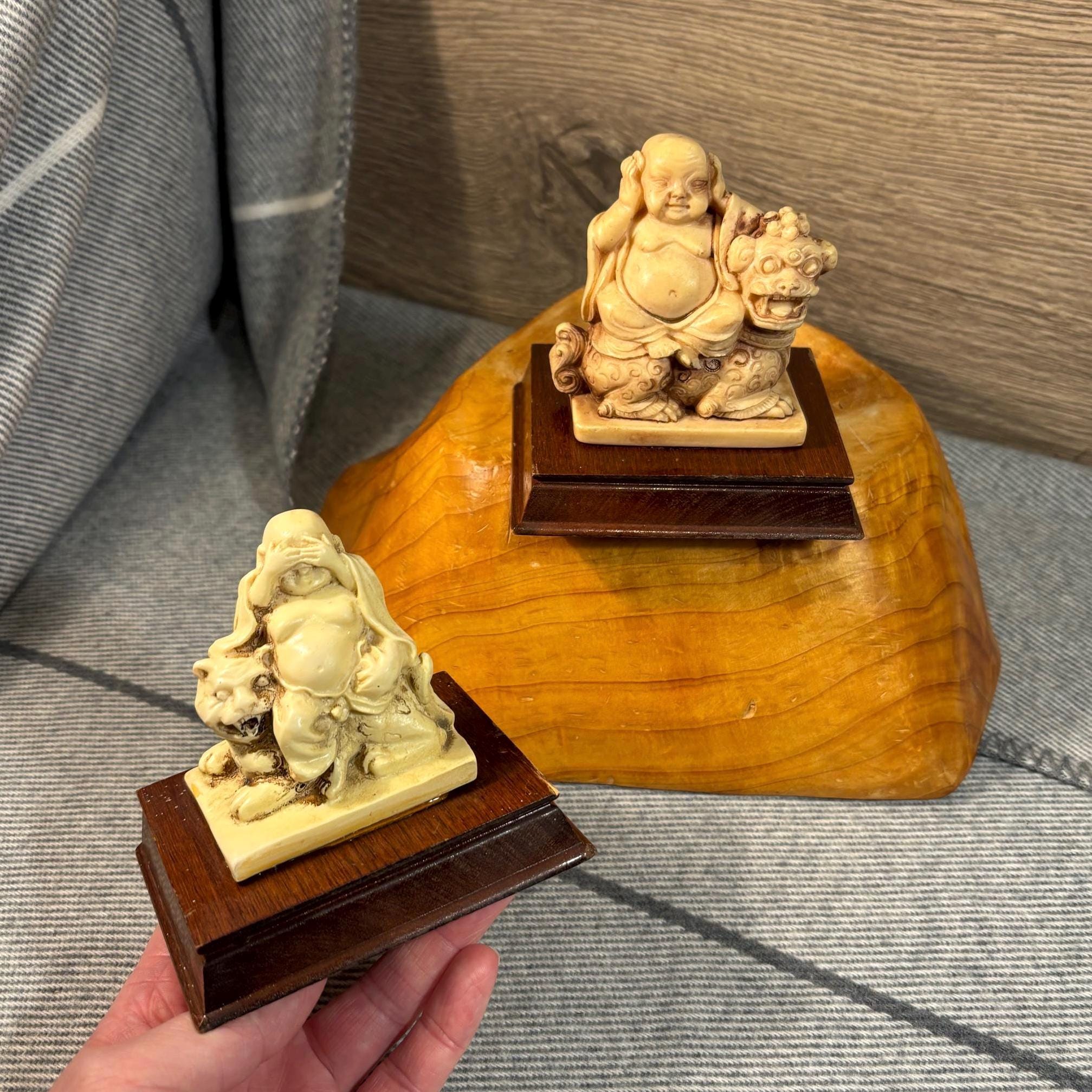 Vintage 1960s Buddha Hear and See No Evil Foreign Ivory Resin