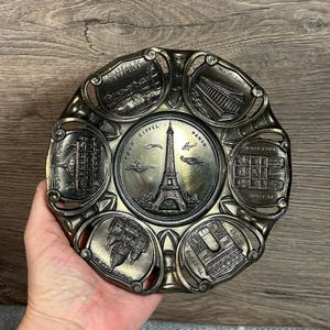 Vintage Mid Century Collectible Made in France Paris Heavy Metal Round Eiffel Tower Art Plate Souvenir Wall Hanging | MCM Parisian Decor