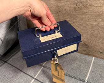 Vintage Blue Metal Small Rectangular Money Lock Box with Plastic Coin Insert Tray & 2 Keys | English Lockable Cash Coins Notes Monies Boxes