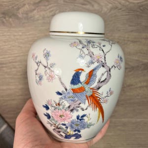 Vintage Oriental White Ceramic Lidded Round 'Paradise' 6" Storage Container Ginger Jar with Colourful Bird and Floral Motif - Made in Japan