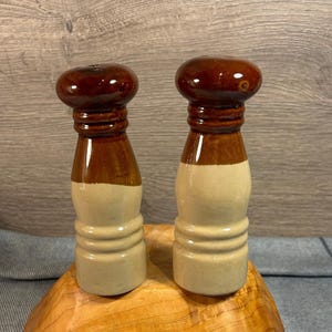 Vintage Mid Century Tall Glazed Stoneware Salt and Pepper Shakers | Rustic Pottery S&P Table Accessories | Traditional English Retro Decor