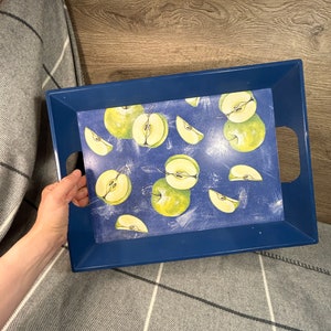 Vintage R2S Spa Brand Made in Italy Ocean Blue & Green Apple Integrated Handle Plastic Melamine Serving Tray | Italian Retro Art Kitchenalia