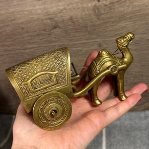 Preloved Gold Tone Brass Ornately Decorated Camel Cart Figurine | Artisan Hand Made Brass Old Statue | Desert Middle Eastern Art Home Decor