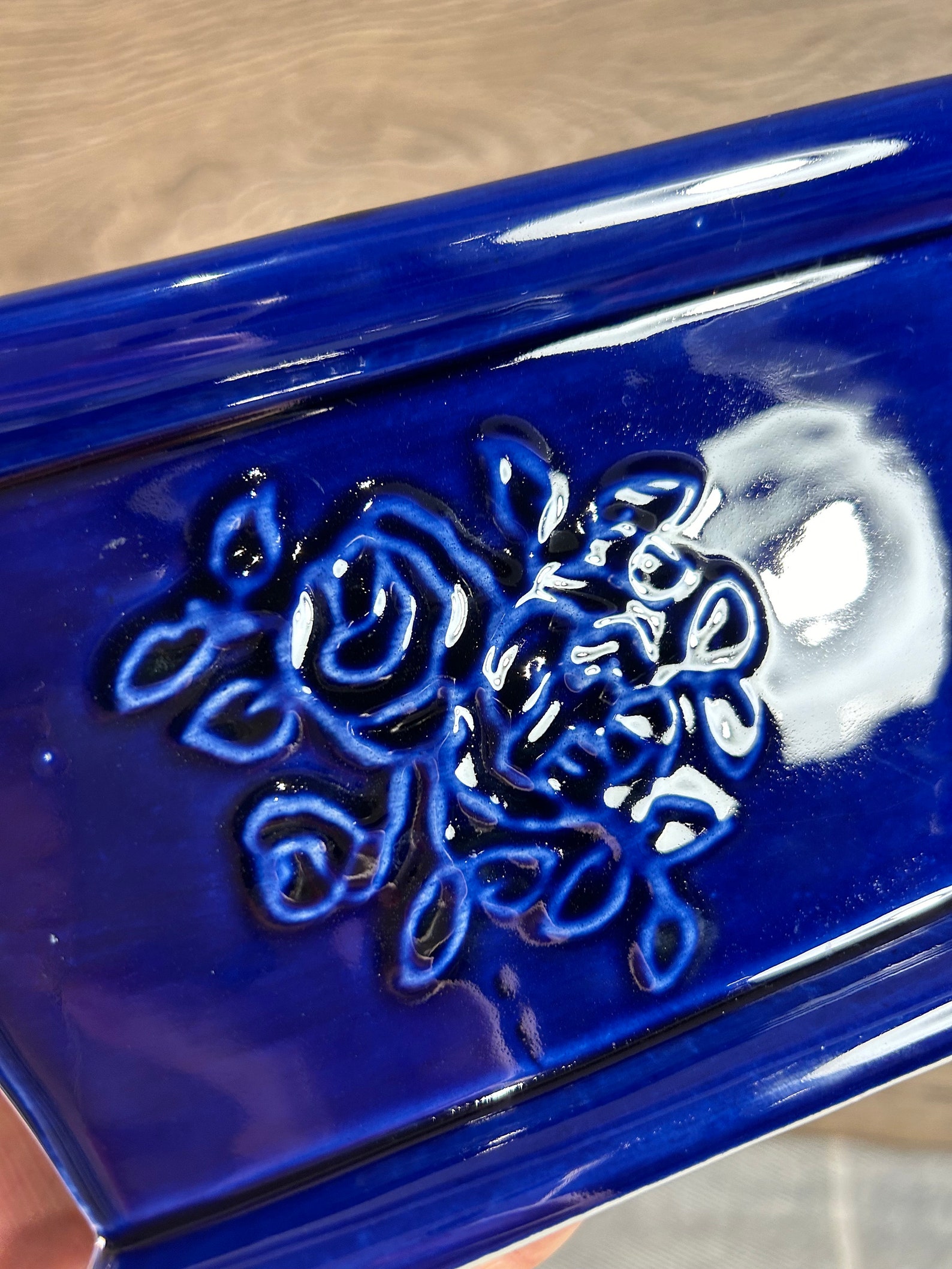 Vintage Blue Ceramic Rectangular Embossed Floral Motif Centrepiece ...