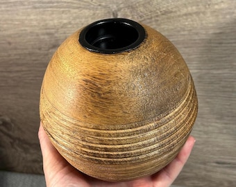 photophore vintage boule en bois brun tourné à la main | Photophore rond léger en bois pour bougies chauffe-plat | Décoration d'intérieur naturelle, confortable et accueillante