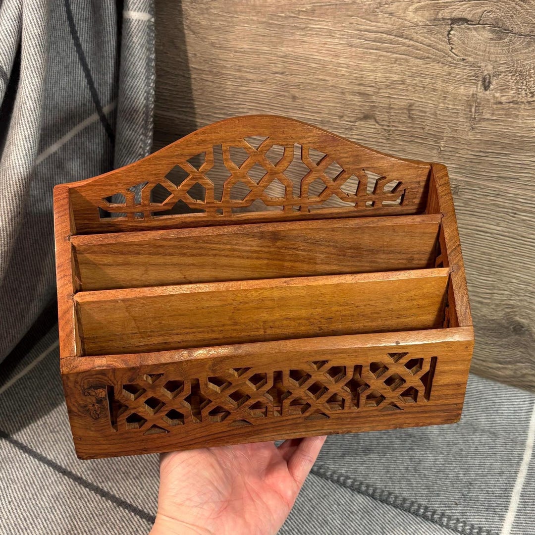 Vintage Hand Carved Reticulated Wooden Letter Rack | Cut Out 3 Section ...