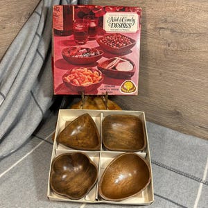 Vintage Nut & Candy Dishes Handcrafted in Philippines | Genuine Acacia Four Assorted Style Wooden Bowls | MCM Snacks and Nibbles Party Decor