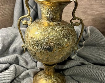 Vintage Antique Engraved Asian Indian Ornate Brass Vase with Cobra Snake Handles
