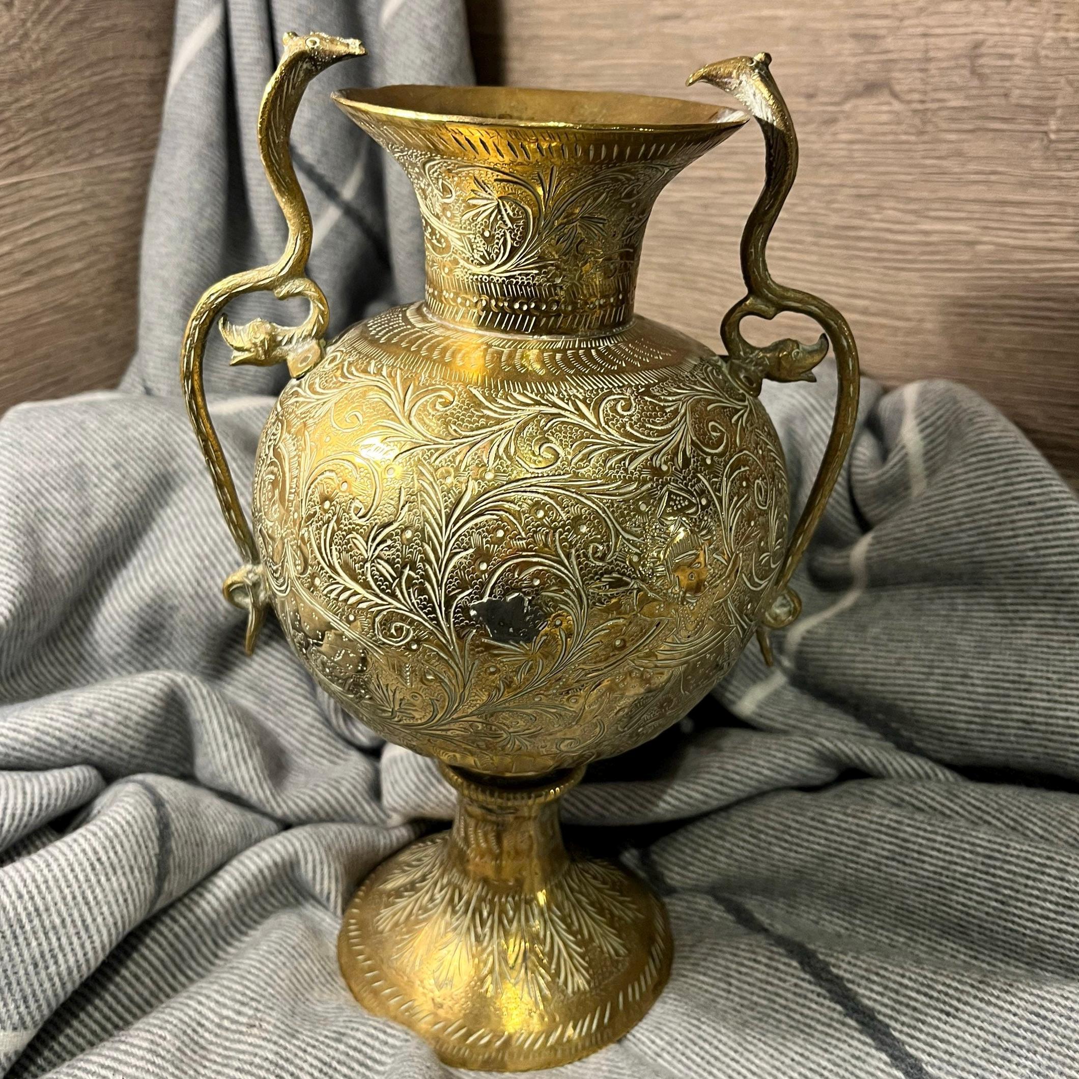 ヴィンテージアンティーク彫刻入りアジアンインド装飾真鍮花瓶