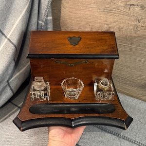 Vintage Office Desktop Victorian Antique Ink Well Wooden Writing Cabinet | Desk Tidy Companions | Stationery Storage Box | Writing Accessory