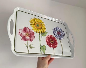 Vintage Villeroy & Boch Flora Plastic Melamine Rectangular Two Handle Serving Tray | 90s Sunflower, Wild Rose, Cornflower and Poppy Flowers