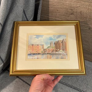 Vintage Historic Gloucester Docks in Gloucester England Framed Signed Watercolour Print Wall Hanging | English Canal & Cathedral Home Decor