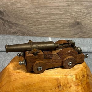 Vintage Collectible Hand Crafted Mid Century Petite Low Profile Bronze Cannon & Brown Wood Carriage Figurine | Military Army War Home Decor