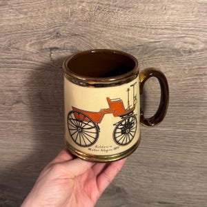 Puede incluir: Taza color crema con interior y asa marrón, con una ilustración de coche vintage naranja y negro. La taza tiene un borde dorado y el texto "Selden's Motor Wagon 1877".