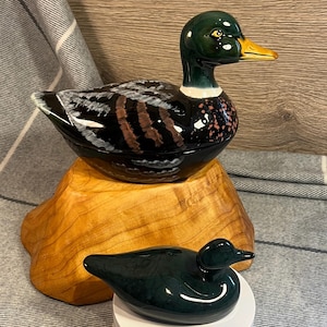 Vintage Hand Made Ceramic French Michel Caugant Mallard Duck Tureen Pate Lidded Dish Duck & Smaller Dark Green Marbled Effect Duck Figurine