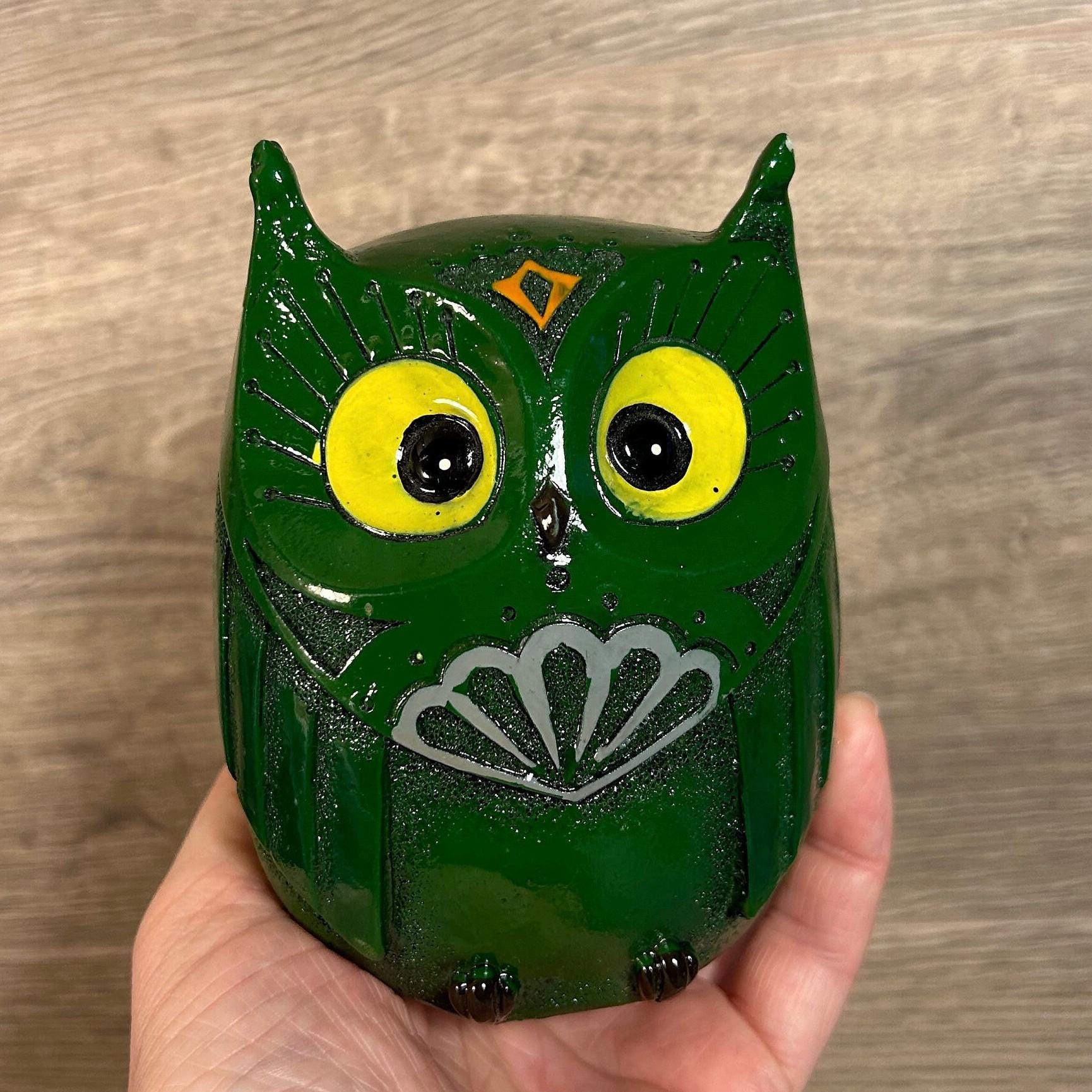 Preloved Petite Green Owl Piggy Bank | Art Deco Home Decor | Small Cash Storage | Animal Money Box | Coin Bank Saver | Wise Owl Home Decor