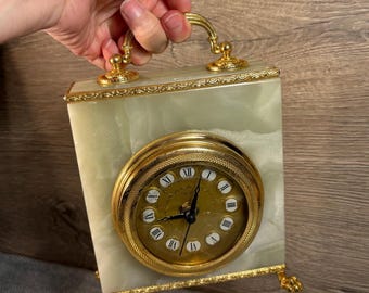 Vintage Green Onyx Marble & Brass Lion Feet Tel Art Mantel Clock Made in Italy | Heavy Retro Luxury Natural Stone Mediterranean Collectibles