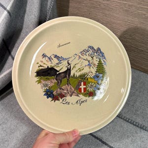 Vintage Anne Ehret Porcelaine Les Alpes Plate with Alpine Ibex Motif | Steinbock, Bouquetin and Wild Goat King of the Mountain Collectibles