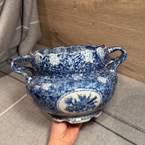 Vintage Cobalt Blue and White Round Scalloped Cachepot with Intricate Twin Handles | Chinese Decorative Planters | Asian Oriental Jardiniere
