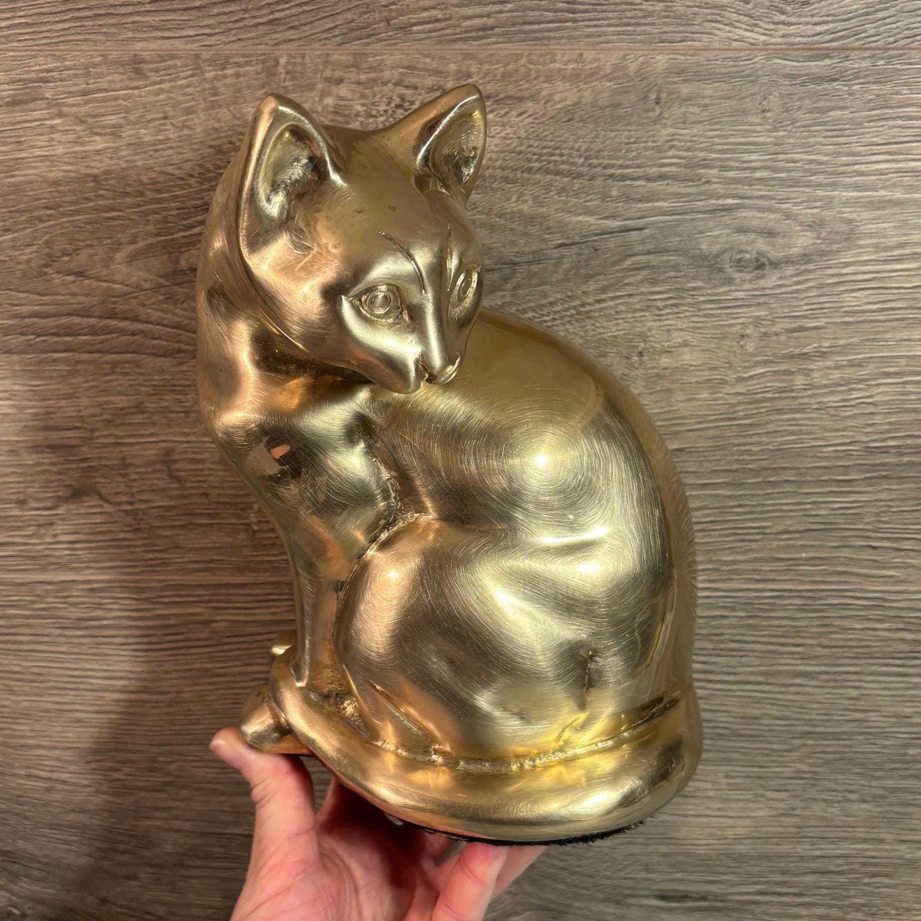 ヴィンテージ 2kg 真鍮製猫の彫刻 | 大きくて重い子猫のドアストッパー 