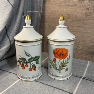 Vintage Léon Warin's Limoges France Gilded Porcelain Round Tall Lidded Apothecary Jars | Papav Reas Red Poppy & Cerasus Avium Sweet Cherry