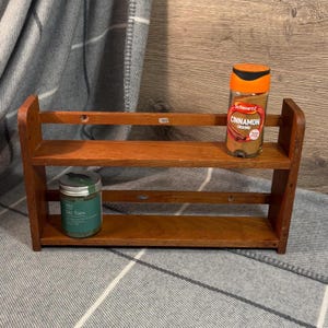 Vintage Hand Crafted Brown Wood Primitive 2 Tier Spice Shelving Rack | MCM Retro Organiser Kitchenalia | Wall Mounted Old Seasoning Storage